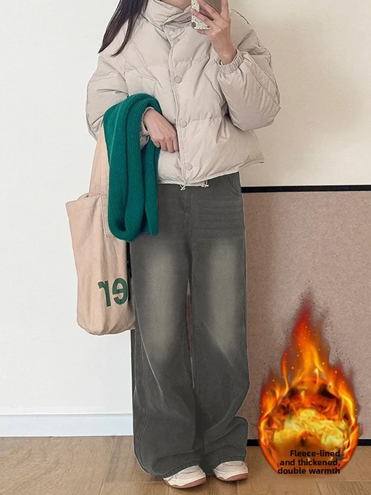 

plus Size Fleece Lined Thick Denim Jeans Women's Autumn Winter Loose Straight Leg Wide Leg Pants High Waist Casual Wear