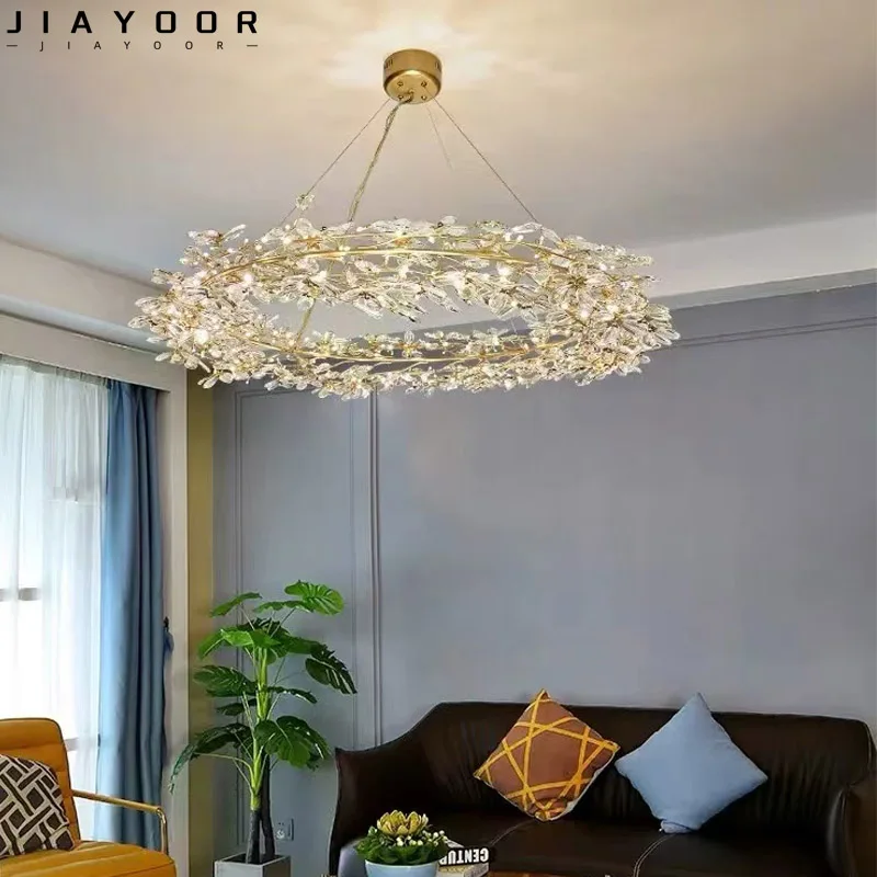 

2024Modern Crystal Wreath Pendant Living Room Bedroom Kitchen Firefly Crystal Pendant Golden Branch Circular Decorative Lighting