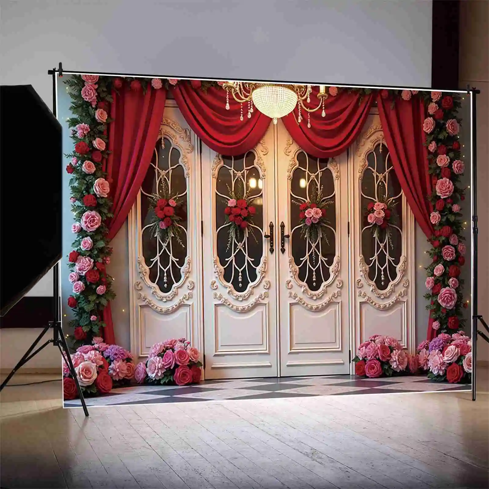 MOON.QG 14 فبراير عيد الحب خلفية التصوير تيدي بير القلب الوردي الستار فوتوزون خلفية زوجين استوديو الدعائم