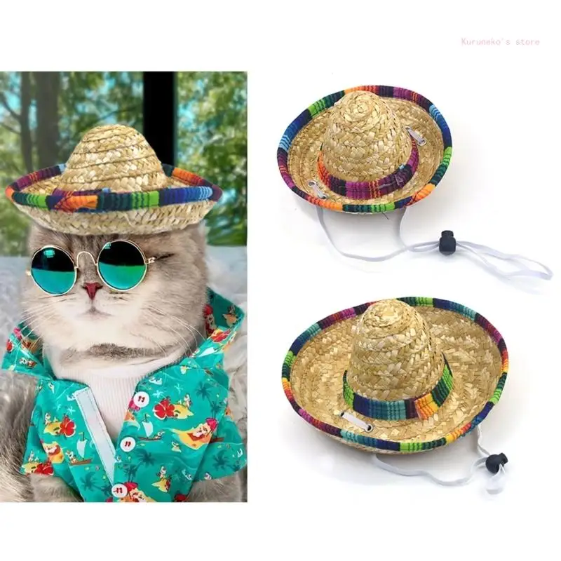 Mexico Straw Weaving Hat for Cat Summer Party Pet Dogs Sunproof Headwear Outdoor Summer Anti-Uv Accessories