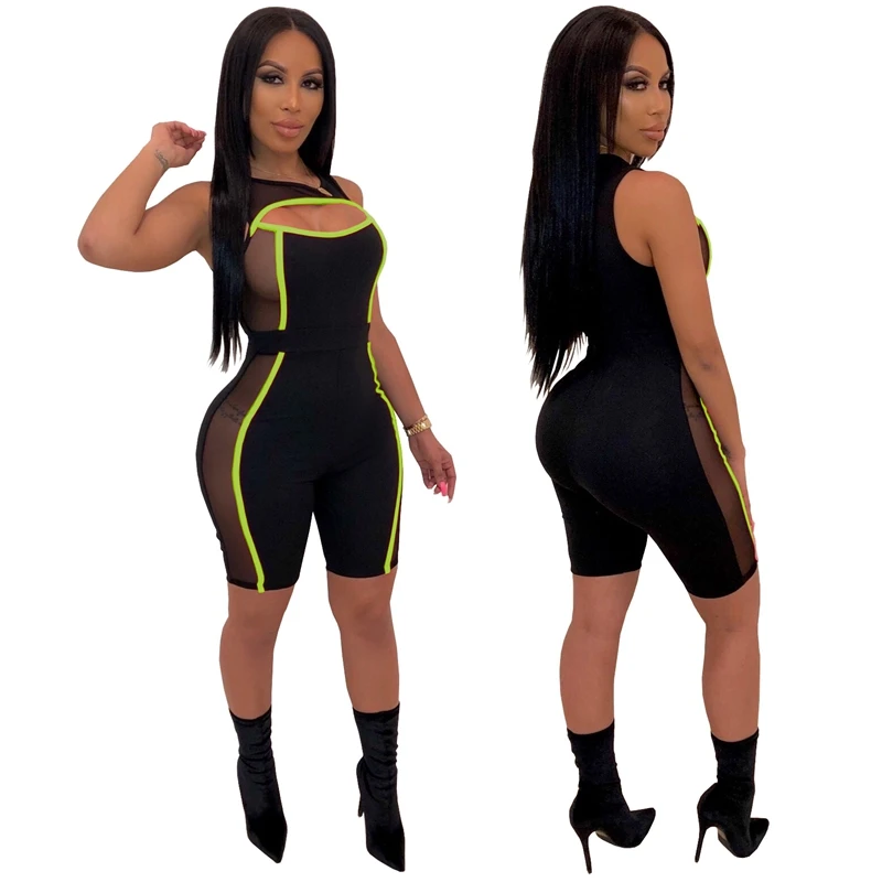 

Neon Green Mesh Patchwork Sexy Jumpsuit Women Club Playsuit Romer Skinny Bodycon Bandage Jumpsuit Summer Short Jumpsuit Black