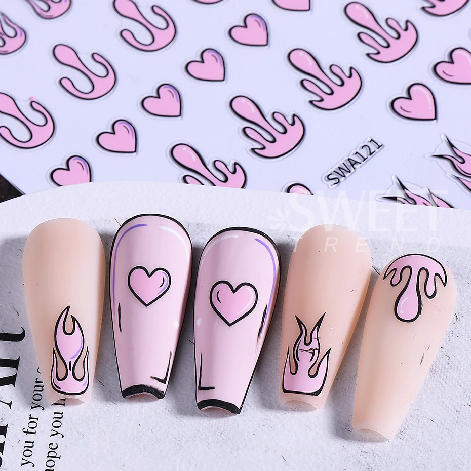 3 pçs quadrinhos amor coração adesivos de unhas rosa azul dos desenhos animados amor fogo chama decalques de unhas design diy decoração verão chama sliders manicure