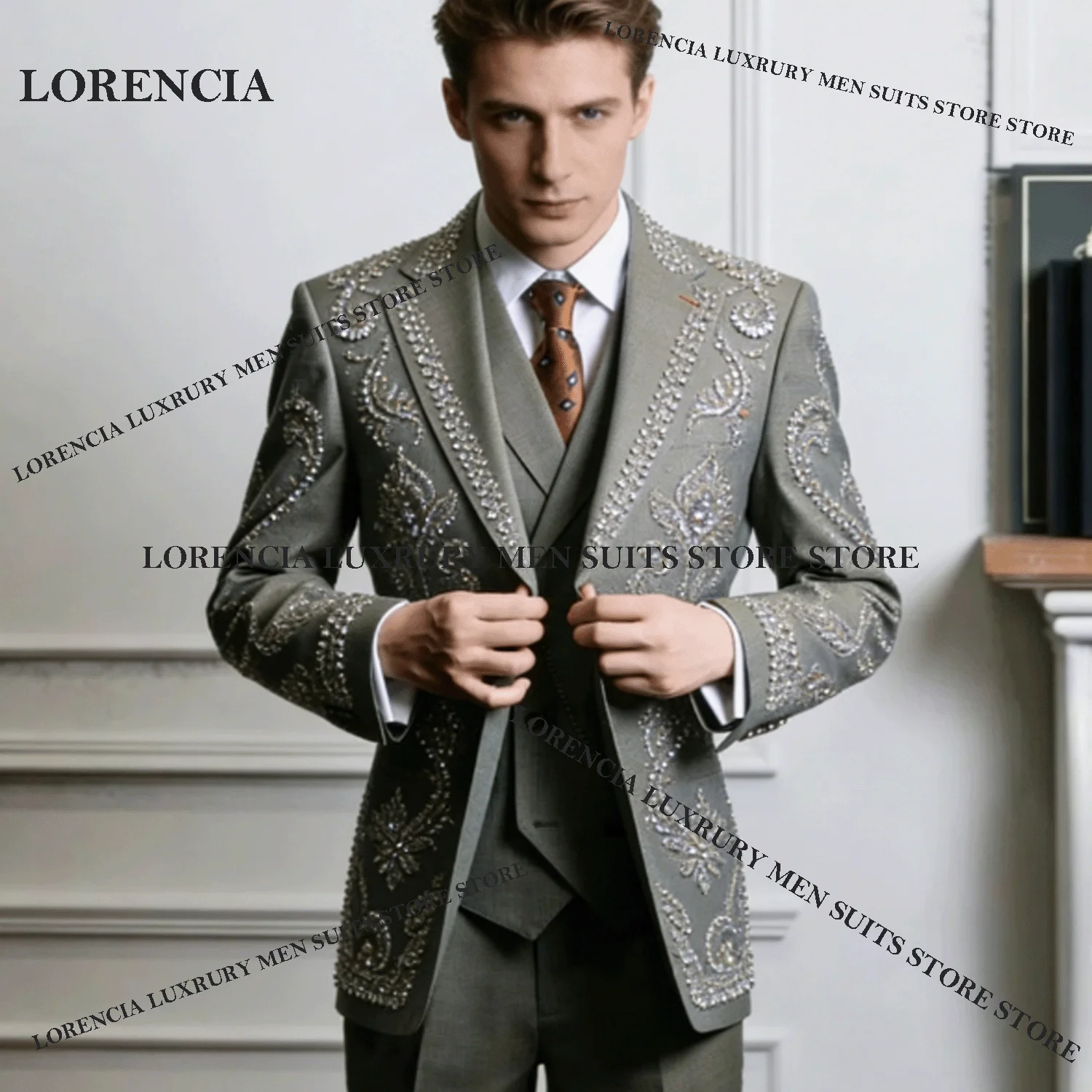 

Luxury Rhinestone Sequins For Men Suit Customized Crystal 3 Pieces Groom Male Blazers Ropa hombre Elegant Slim Wedding Tuxedos