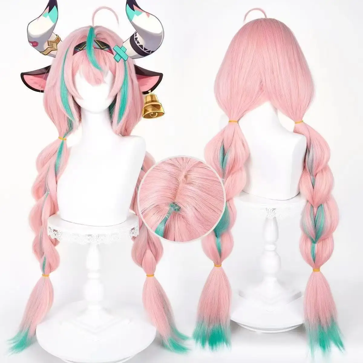 

1 шт., розовые блики, синяя двойная коса Fried Dough Twists, тусклые волосы, волнистая голова, игровой парик Genshin Impact Varesa