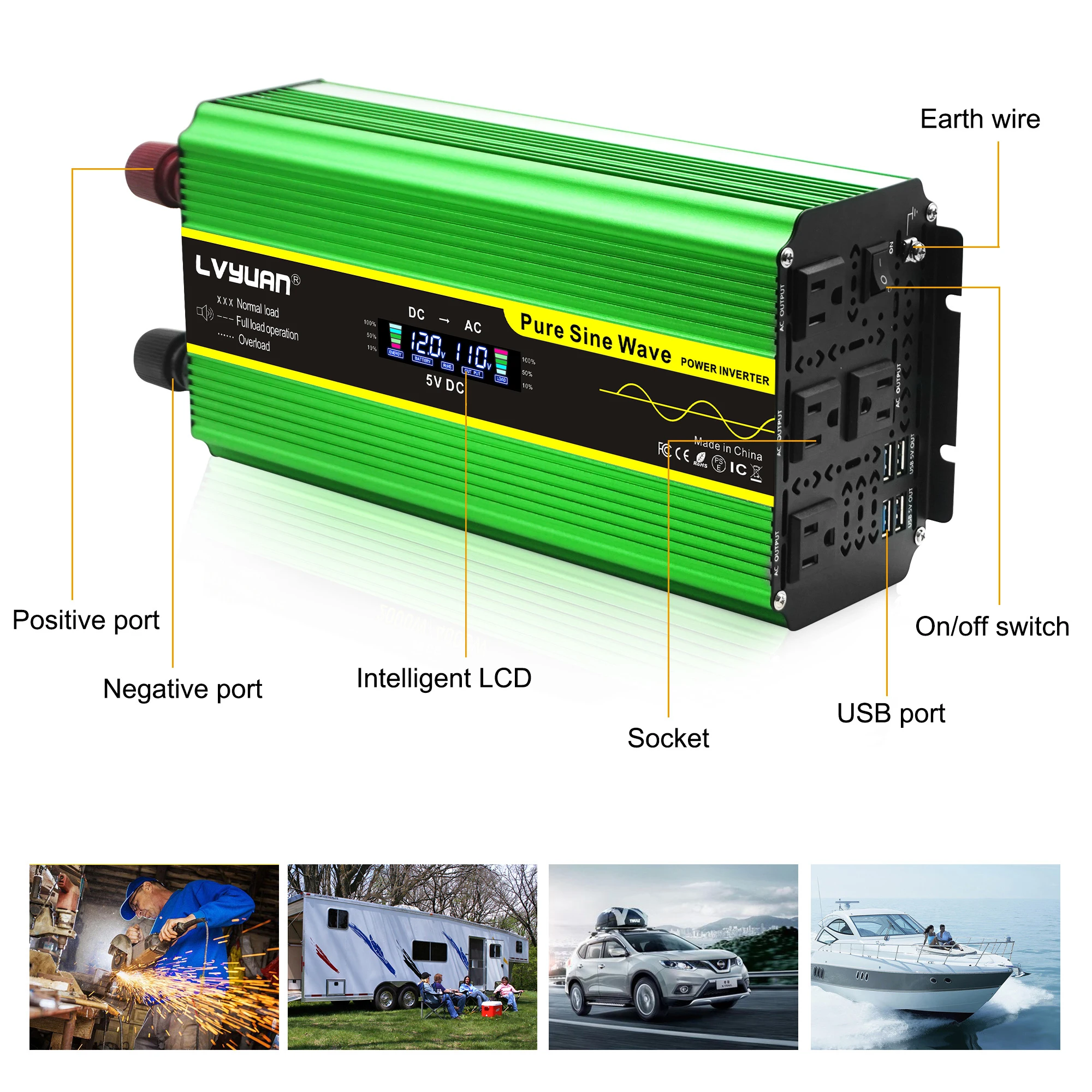 AC110V inverter pure sine wave input voltage 12V/24V 60Hz US socket battery converter camping/outdoor working/travel