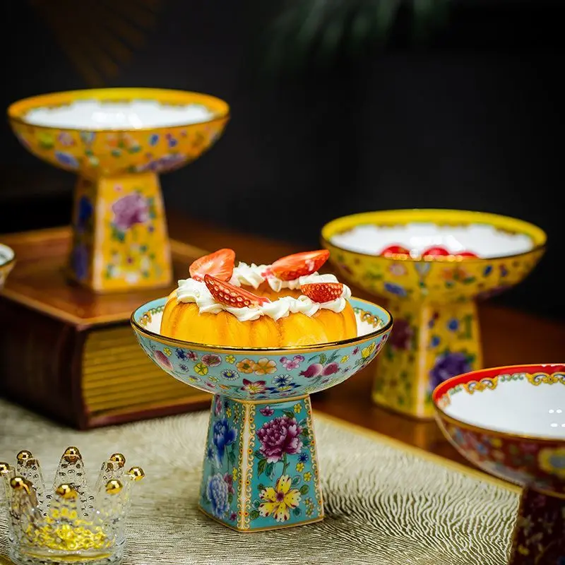 Enamel printed small fruit plate dim sum plate New Chinese style new high-footed cake dim sum candy plate
