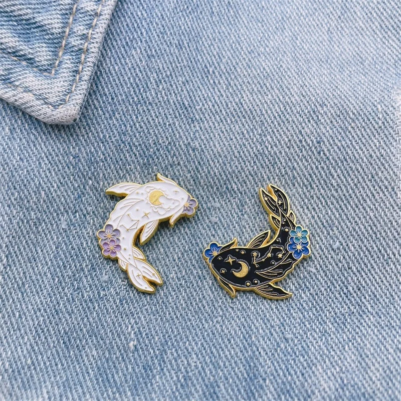 Cartoon Cute Animal Flower Fish Enamel Pins Black White Koi Carp Set Alloy Brooch Badge Accessories Woman Jewelry Gift For Kid