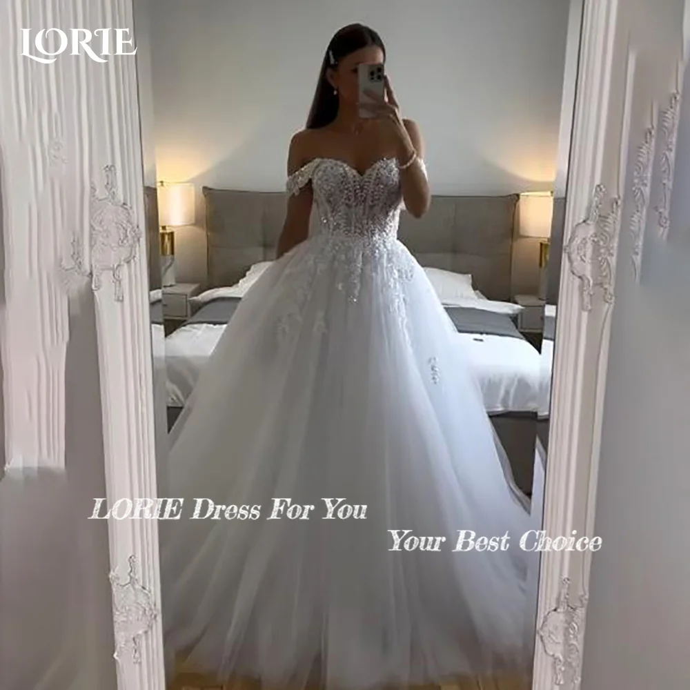 LORIE Vintage Glitter Lace Wedding Dress A-Line Shiny Off Shoulder Sweetheart Bridal Gown Princess Sparkly Bride Gown Customized