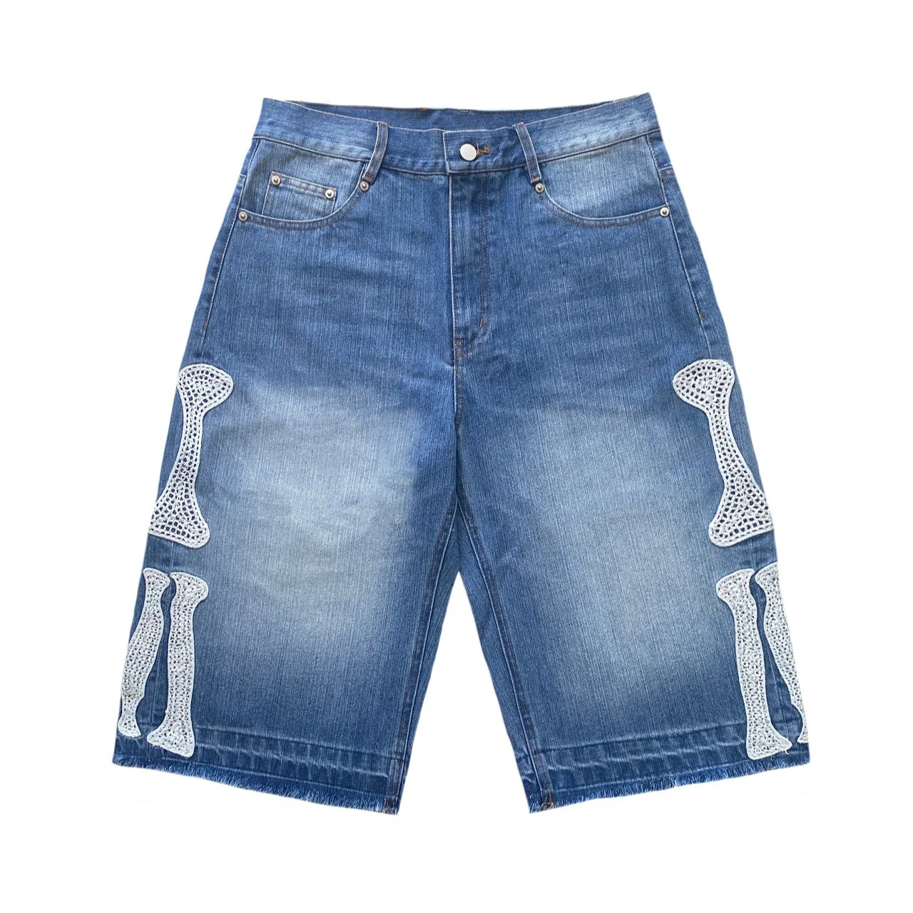 Kapital Vintage Japanese-Style Embroidered Bone-Patterned Relaxed Straight-Leg Denim Shorts Cropped Jeans
