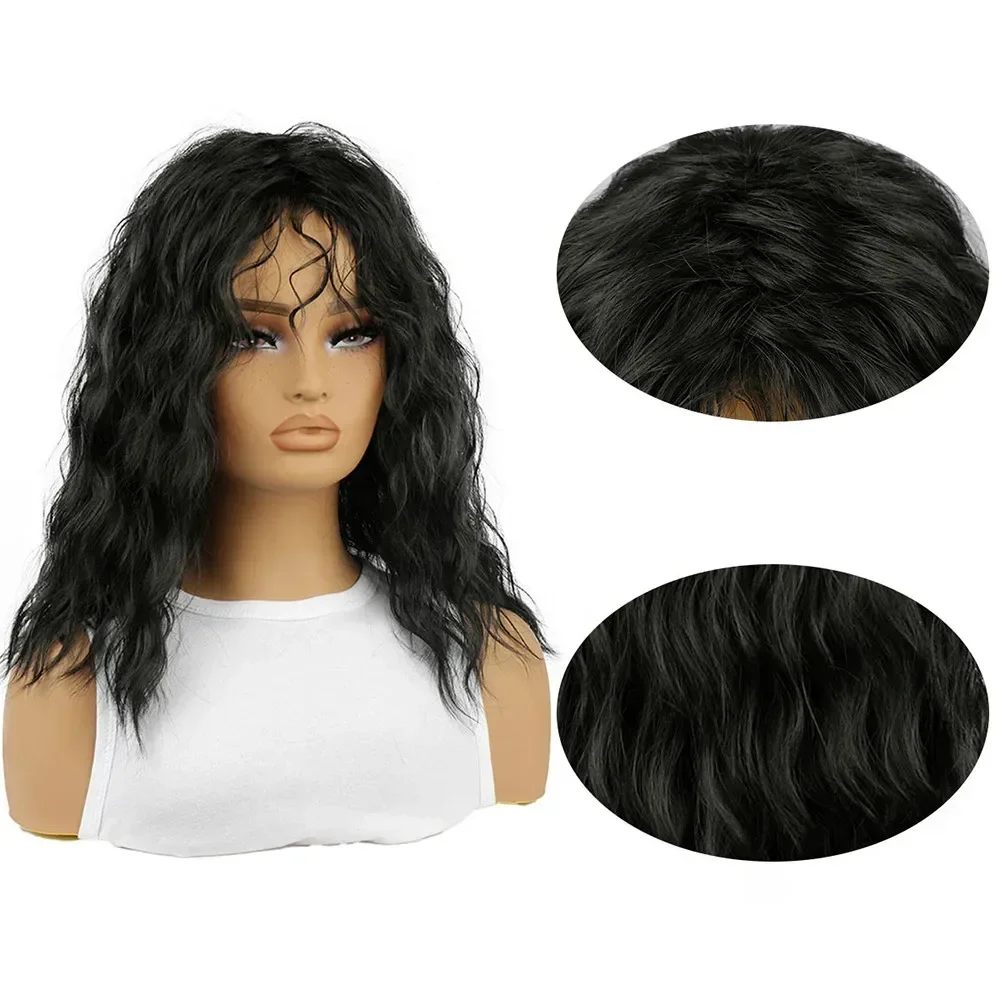 Peluca media ondulada rizada con flequillo negro para mujer, pelo sintético de simulación para Cosplay, cubierta completa para la cabeza