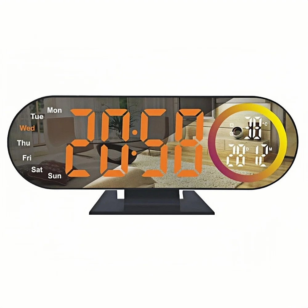 Digitale wekker met RGB-sfeerverlichting, temperatuur, datum, week, 2 alarmen, 12/24-uursweergave, snooze-functie, tafelwekker, nachtmodus, LED-spiegelwekker voor thuisgebruik.