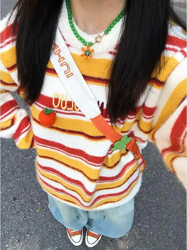 

Orange Striped Round Neck Sweater for Female Students Autumn Korean Style Long-sleeved Sweater Pullover Top