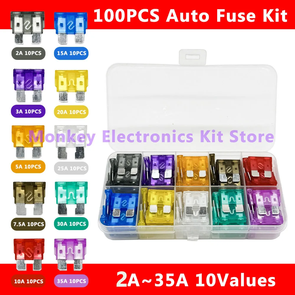 

Medium fuse box set Car fuse blade fuse kit automatic truck blade fuses2A-35A Blade fuse assortment kit 100pcs Fuse Lug Insert