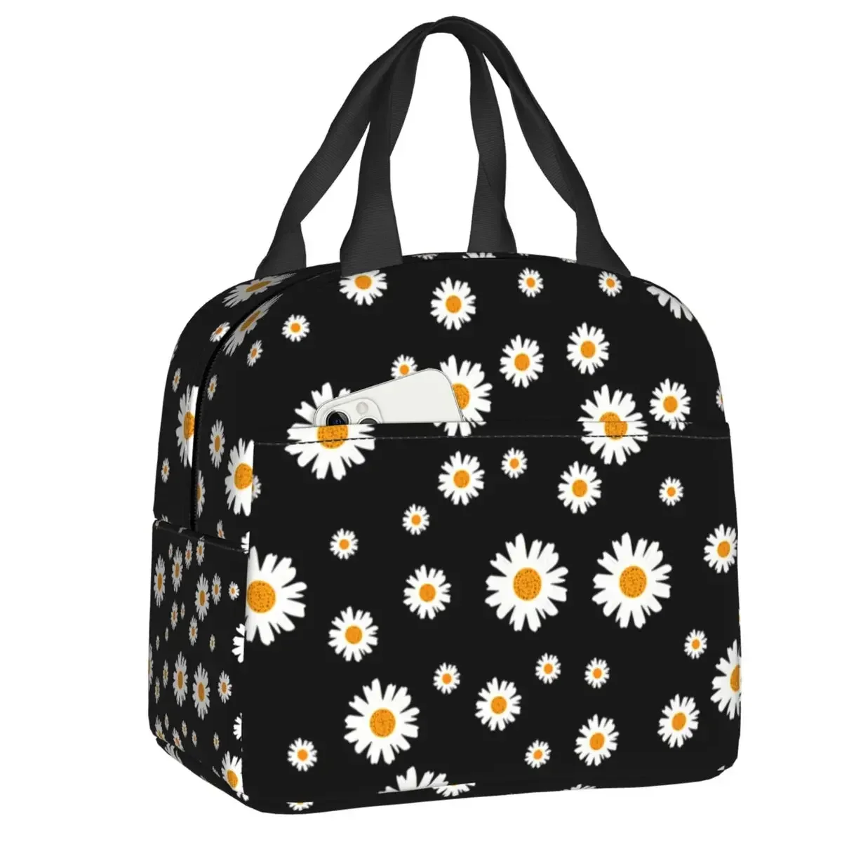 Custom Daisy Floral Lunch Bag Women Cooler Thermal Insulated Daisies Flower Lunch Box for Kids School Work Picnic Food Tote Bags