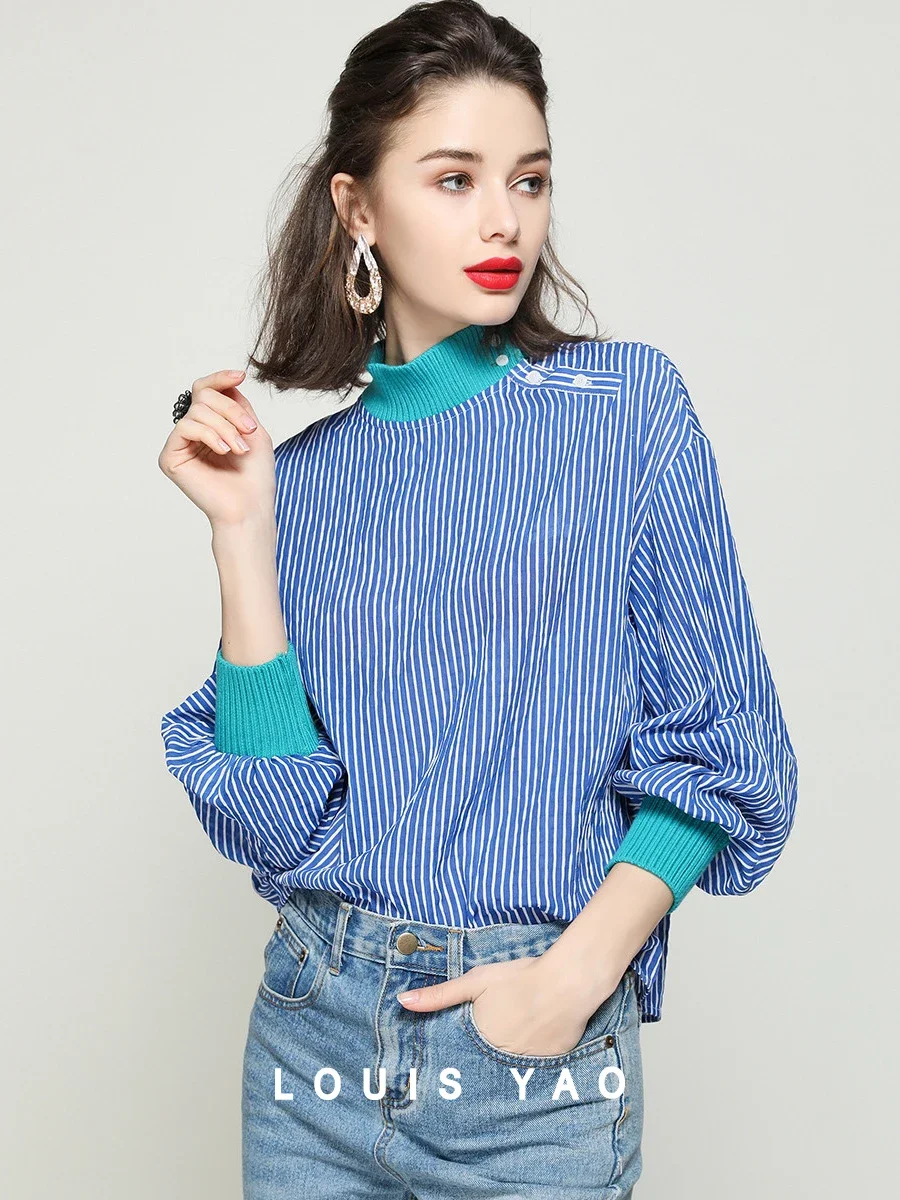 LOUIS YAO Women Striped Shirt 2023 Autumn Half-High Collar Lantern Sleeve Ribbed Blouse Blue Stripes Casual Streetwear Tops