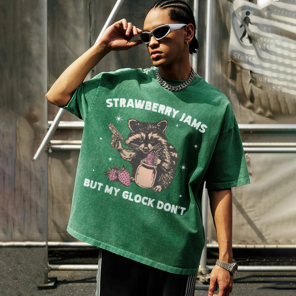 Unisex Style Oversize Loose T-Shirt Strawberry Hamster Print Washed Denim High Gram Weight Round Neck Short Sleeve