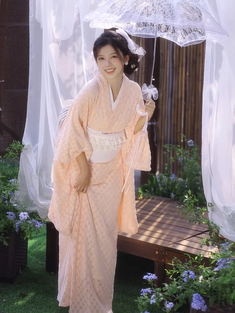 

Женский японский стиль ​ Taisho Романтическое кружевное кимоно Furisode оранжевого цвета в клетку Традиционное платье юката для путешествий и фотографии