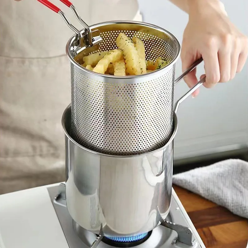 Freidora de acero inoxidable con patatas fritas y alas de pollo, olla de aceite pequeña para el hogar con pantalla de filtro, olla Tianfu Luo
