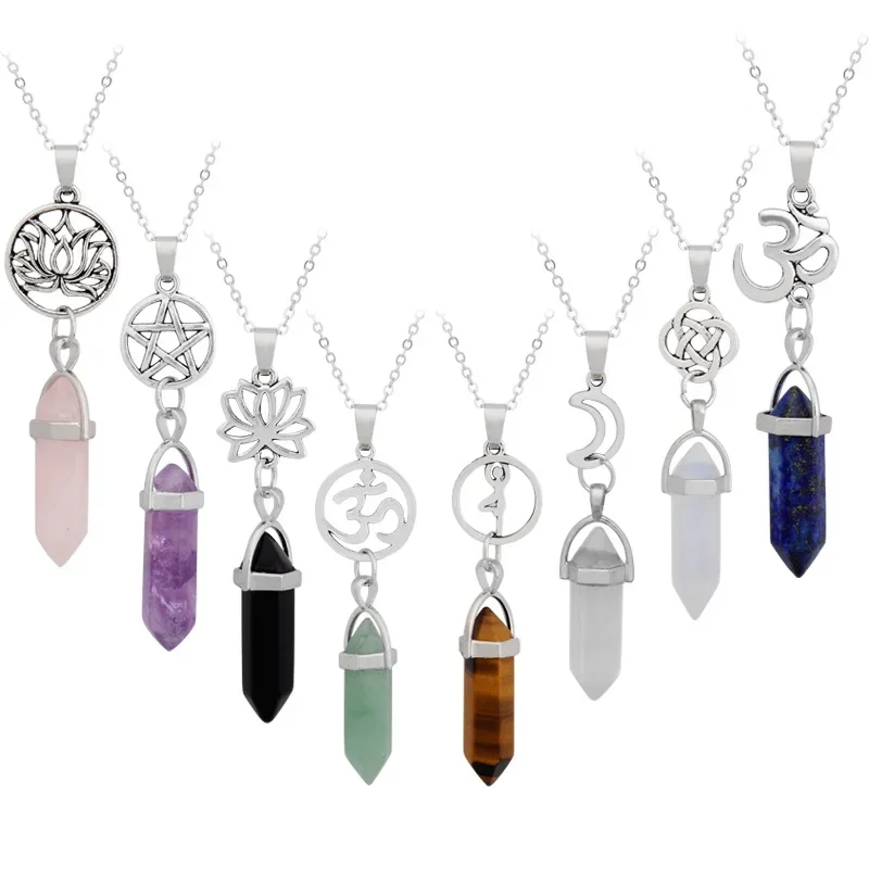 Yoga Stil Naturstein Sechseckige Punkt Anhänger Halsketten Healing Kristall Quarz Fluorit Lapis Kugel Pendel Chakra Schmuck