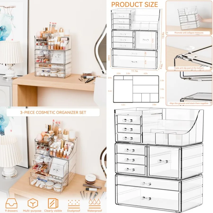 

3 Pack Clear Makeup Organizer Countertop for Dresser, Vanity and Bathroom Counter Organizer, Tiered Stackable Makeup Acrylic Or