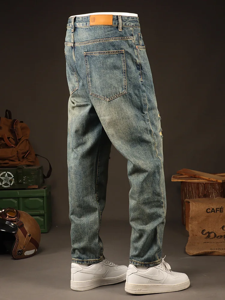 

2025 Fashion Street Men's Clothing American Retro Jeans Men's Loose Straight Tube Piercing Patch Youth Long Pants
