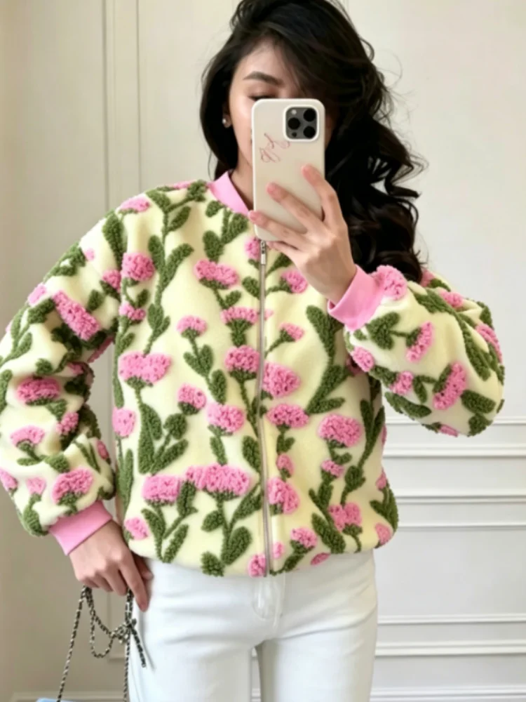 Glam 3D Floral Print Cropped Jacket Women Ribbed Cuff Stand Collar Zip Up Oversized Short Coat 2026 New Elegant Daily Streetwear