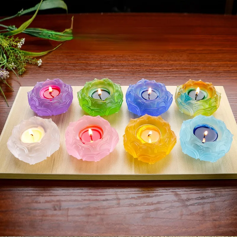 8-color Ancient Glazed Lotus Base Six-character True Words Carved Candlestick Household Buddhist Hall Tribute Lamp Supplies