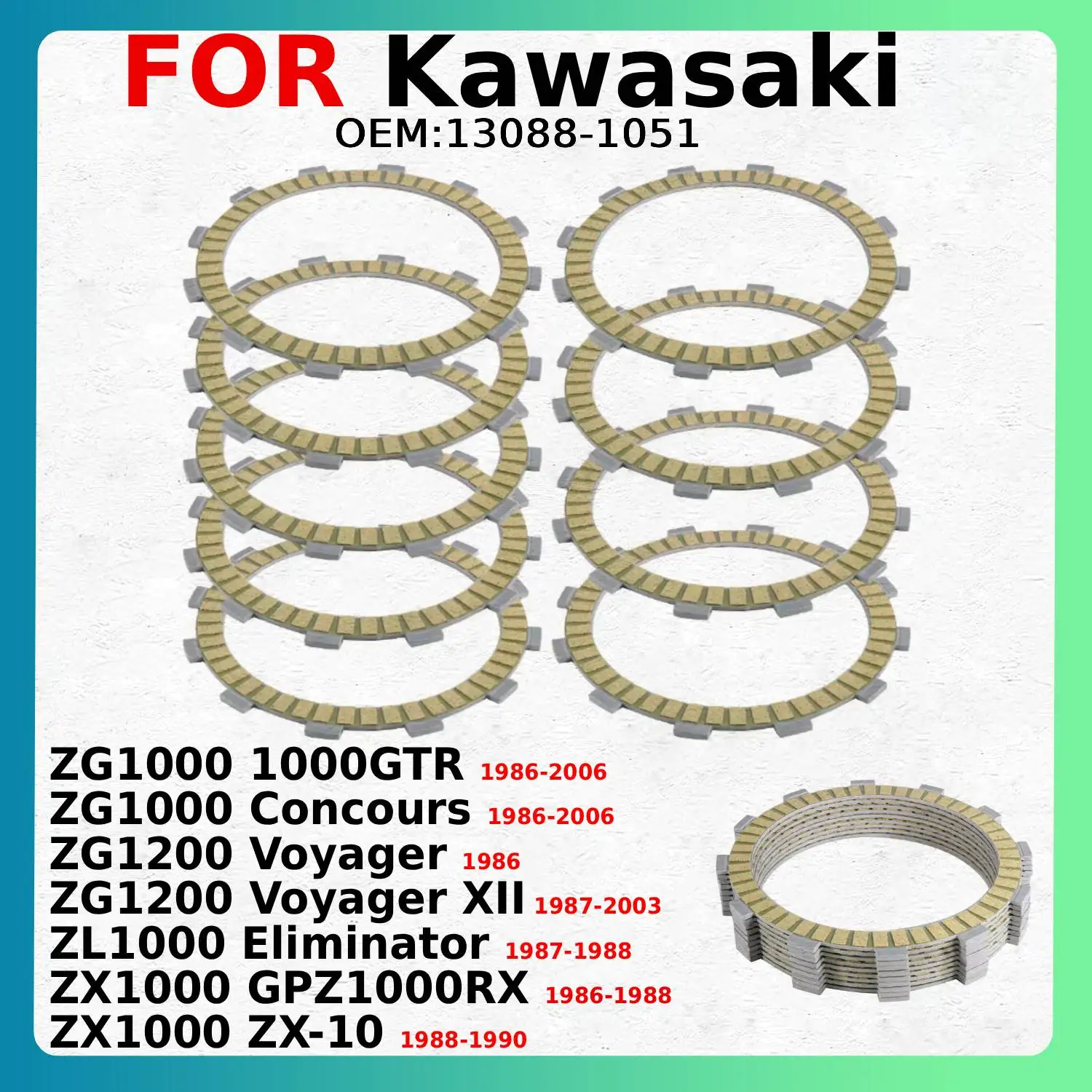 Kit de pièces d'embrayage de moto pour ZG1000 1000GTR ZG1000 Concours ZG1200 Voyager ZX1000 ZX-10 éliminateur GPZ1000RX 13088-1051
