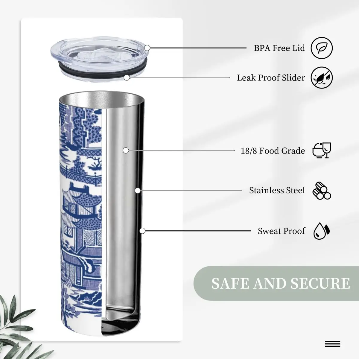 Blue Willow Ancient Ming China Chinoiserie Stainless Steel Tumbler Vacuum Insulated Mug Thermal Cold Cup Straw With Lid 20oz