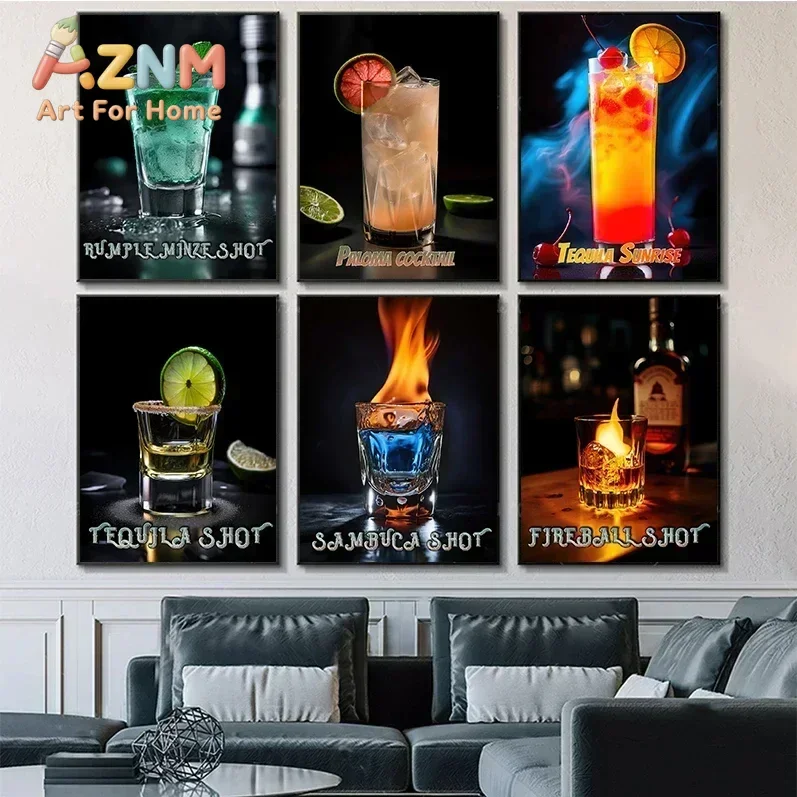 AZNM Vintage Cocktail Canvas Wall Art Pina Colada Negroni Margarita Tropical Drink Frameless Print Poster for Bar Decor