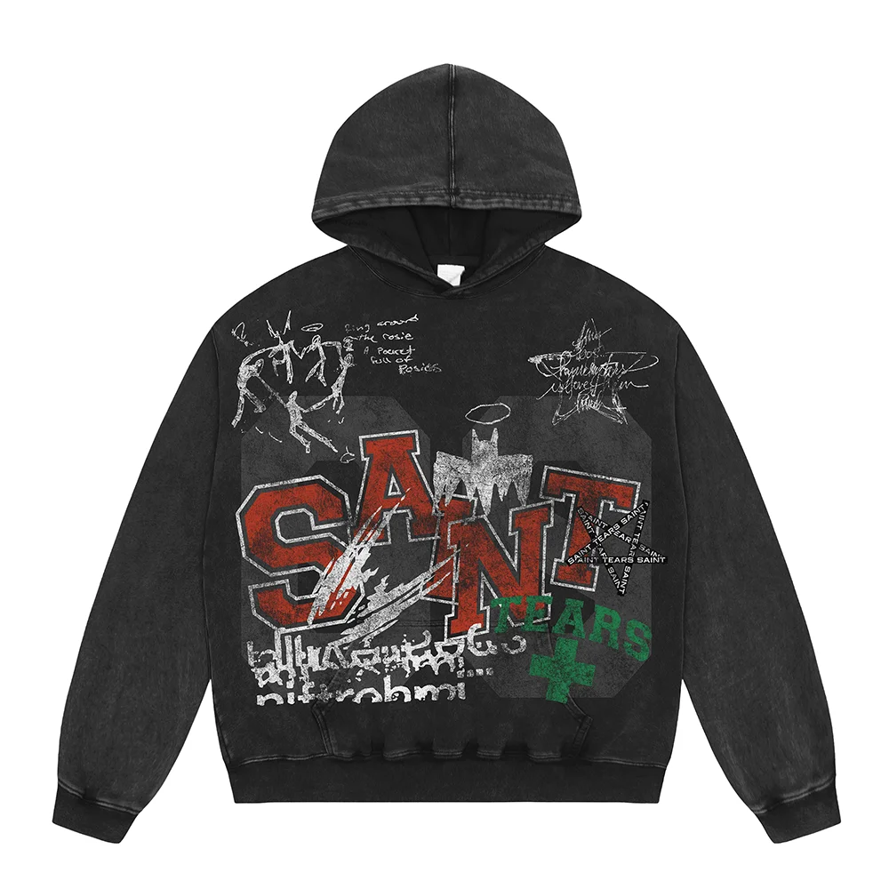 2025ss Tie Dye Graffiti Saint Tears Hoodies Pullovers Hooded Men Women Vintage Washed Black Oversized Hoodie Sweatshirt