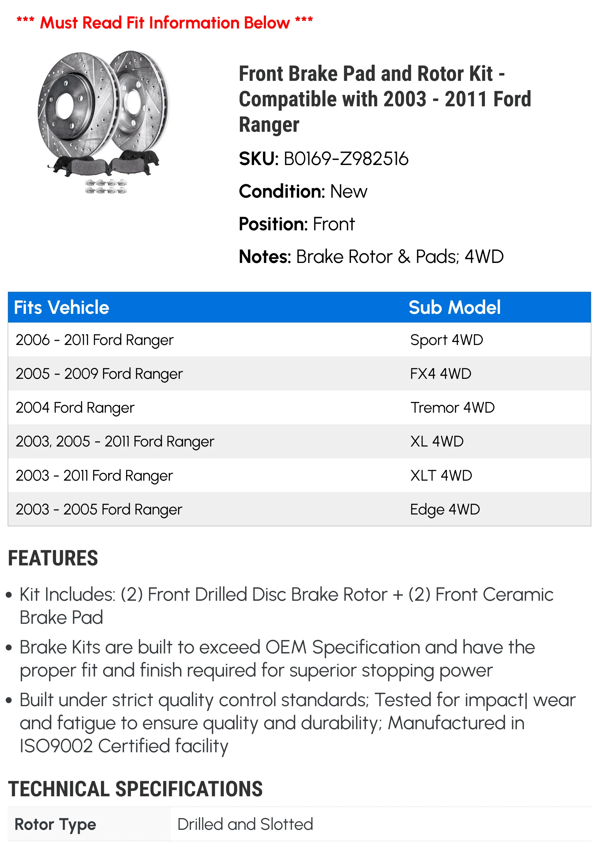 Front Brake Pad and Rotor Kit - Compatible with 2003 - 2011 Ford Ranger 2004 2005 2006 2007 2008 2009 2010