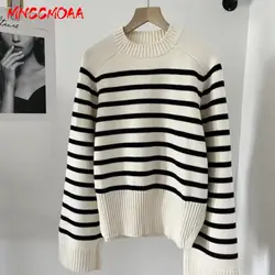 MNCCMOAA-suéter de punto a rayas para mujer, Jersey informal de manga larga con cuello redondo, 2023