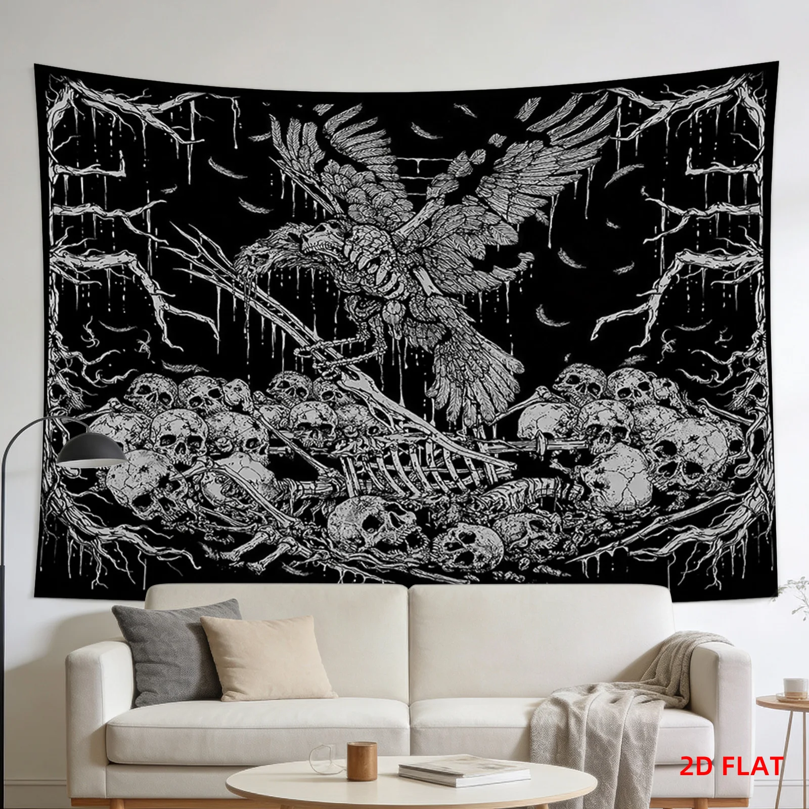 VIKAMA Dark Gothic Skeleton Crow Tapestry Hanging on Skeleton Pile with Evil Crow Art, Room Decoration