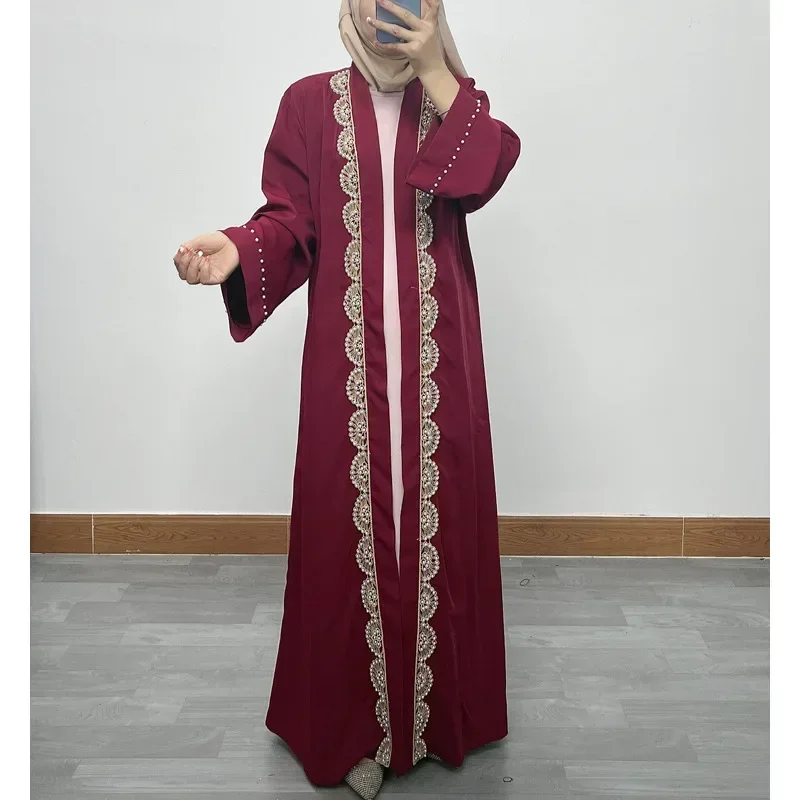 

Women Eid Muslim Abaya Ramadan Morocco Dubai Cardigan Pearls Abayas Kaftan Vestidos Arab Modest Long Robe Embroidery Belt