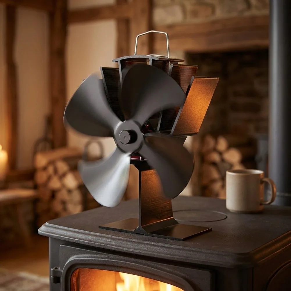 Silent Triple-Blade Metal Fireplace Fan Heat-Powered Operation for Wood Burning Stoves 19x16x12cm Efficient Airflow Design