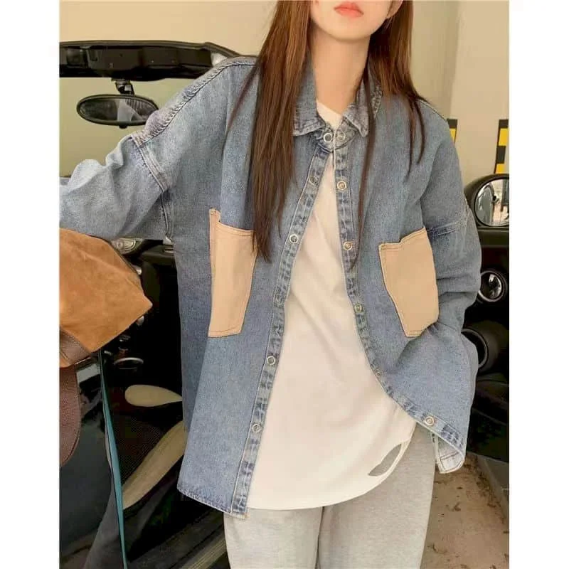 

Color Blocking Denim Shirt Women Long Sleeve Blouses Casual Streetwear Tops Korean Shirt Women Fashion Loose Fit Harajuku Shirts