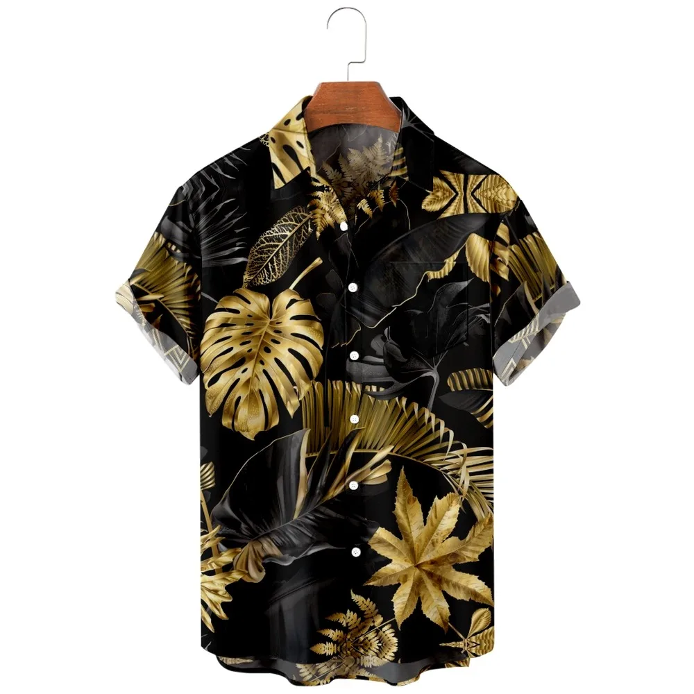 

2022 new men's casual breathable short sleeve top fashion Lapel men's shirt Hawaii with beach Golden Leaf