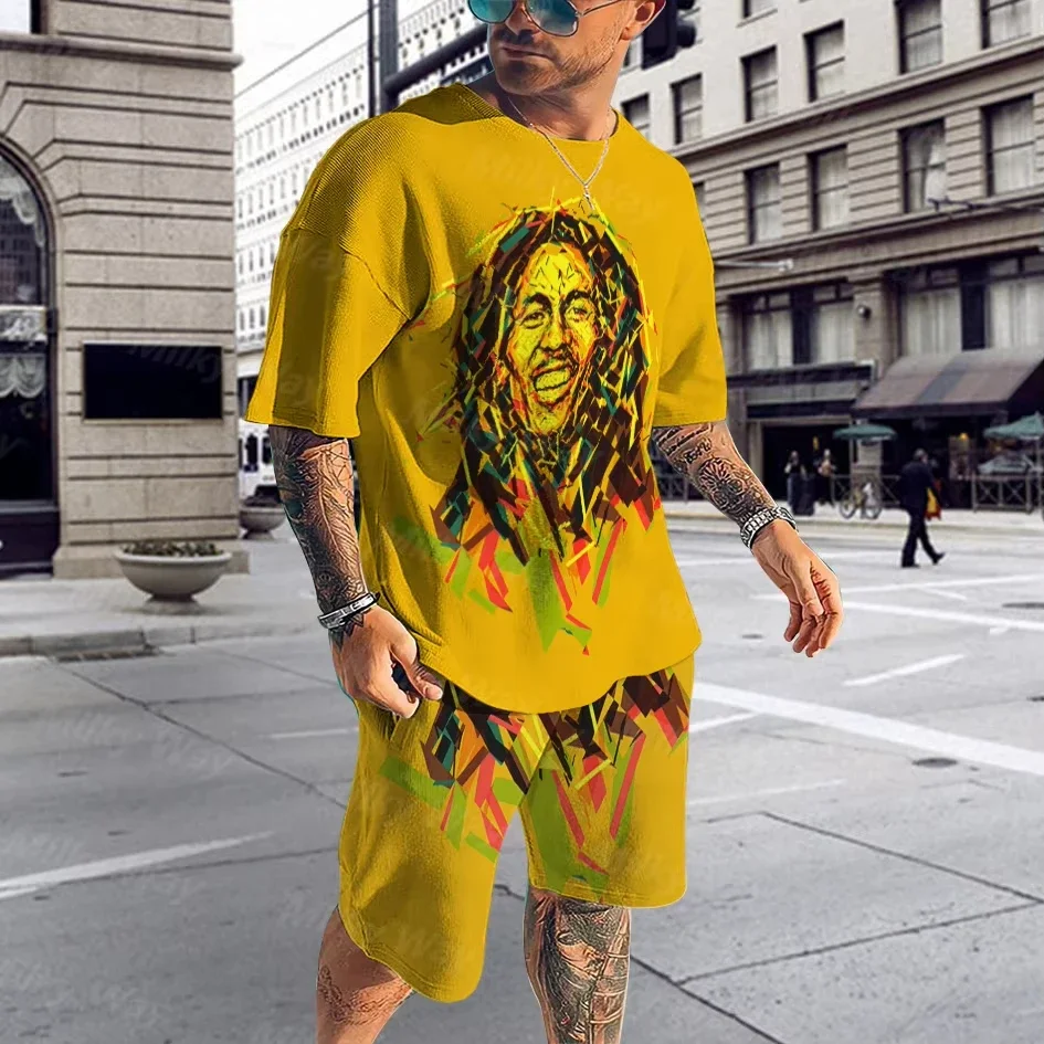 3D-printed Bob Marley Men's Short Sleeves and Shorts, Casual Summer Wear, Two-piece Set Fashionable, Brand New