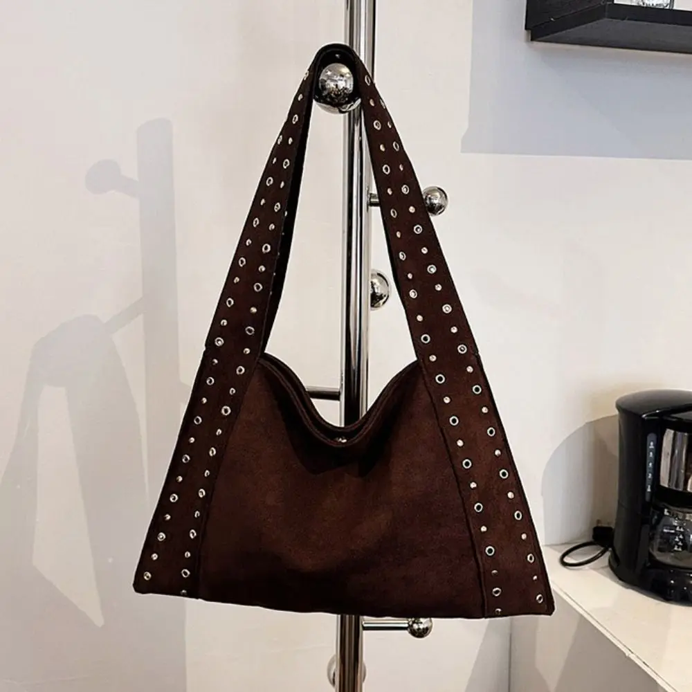 

PU Leather Suede Rivet Shoulder Bags Large Capacity Retro American Style Locomotive Style Underarm Bag Solid Color Korean Style