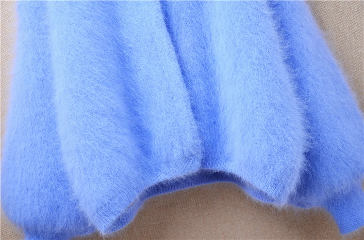 Female Women Fall Winter Clothing Sky Blue Hairy Mink Cashmere Knitted Long Lantern Sleeves V-Neck Loose Cardigans Sweater Coat