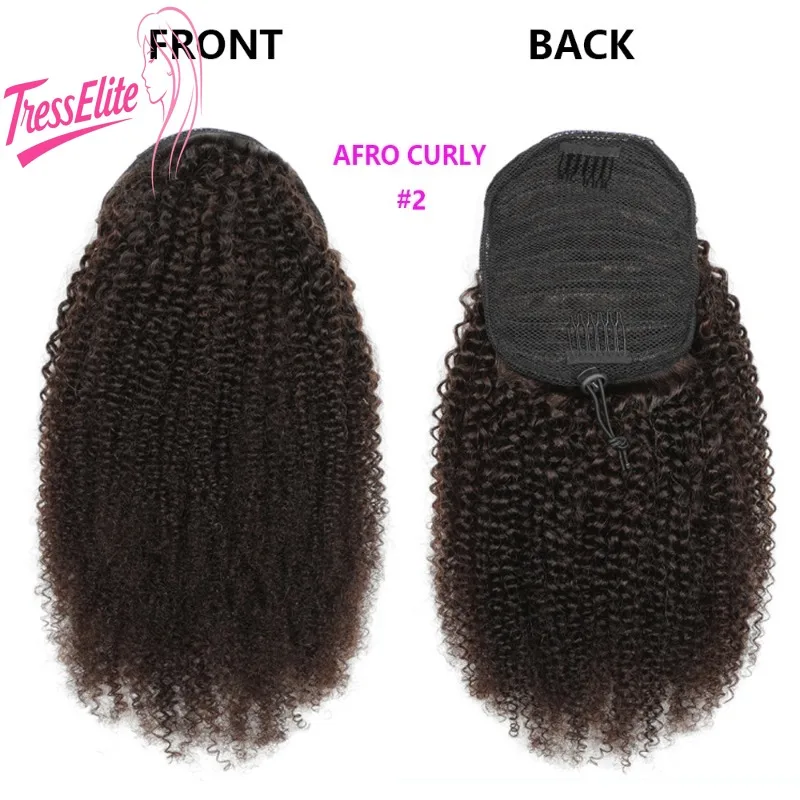 Pruik van echt haar Afro Krullend Trekkoord Paardenstaarthaar 3C 4A 2 #   4 #   Natuurlijke look Comfortabele pasvorm Hoogwaardig verstelbaar trekkoord