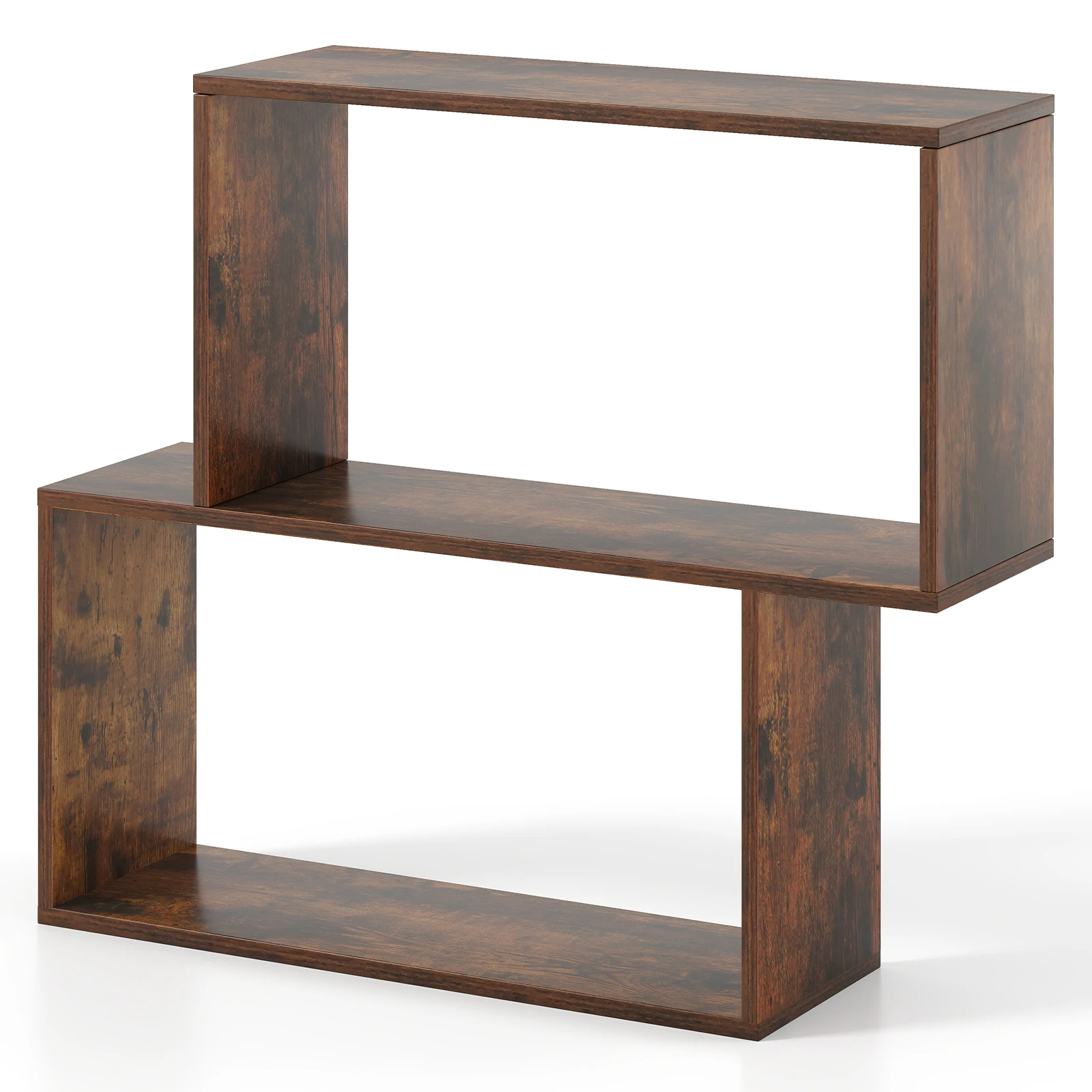 3-Tier Geometric Bookshelf, Freestanding Wooden Bookcase w/ 2 Cubic Compartments