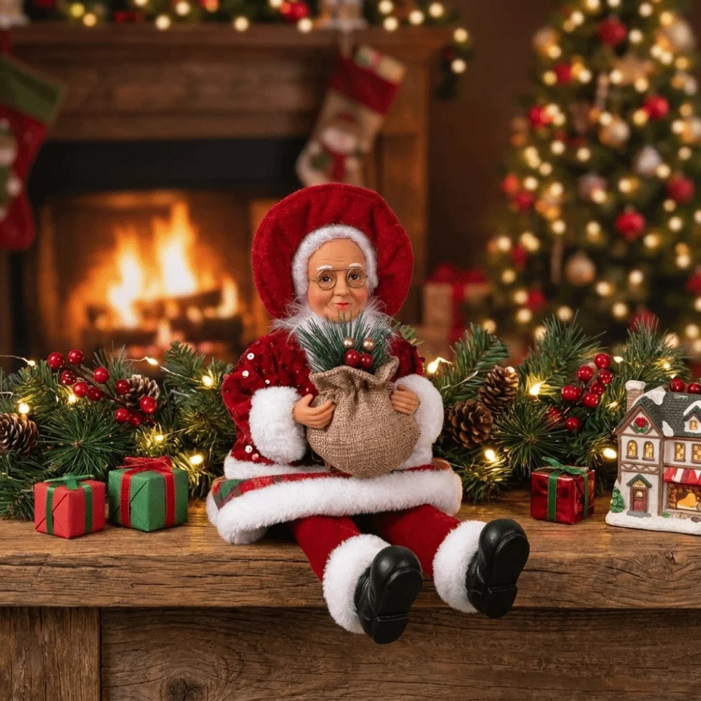 Standing & Sitting Mrs. Claus Christmas Statue Red Plaid Sequin Felt Xmas Figurine Faux Wool Pine Berry Ornament Mantel