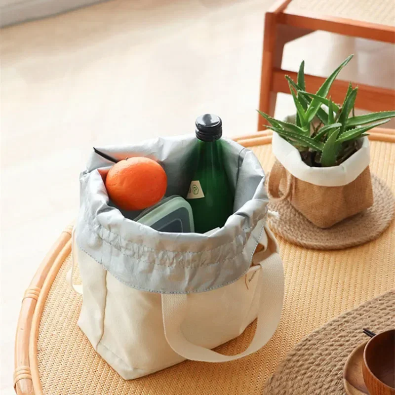 Borsa per il pranzo isolata in tela con coulisse addensare in foglio di alluminio termica Bento Box Tote Cooler borse Picnic Food Dinner Container