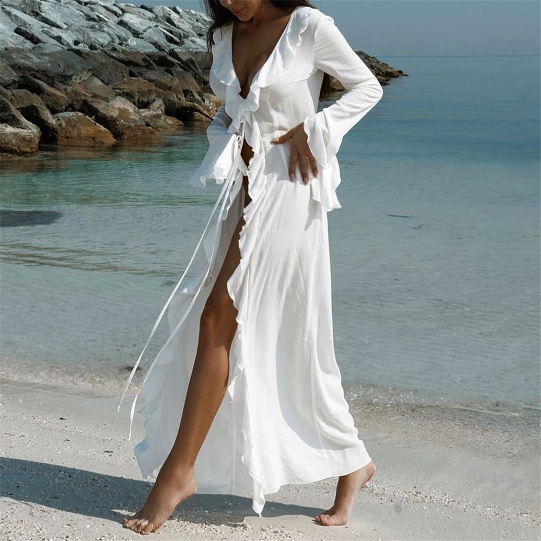 Neues, verführerisches Oberteil mit V-Ausschnitt, Rüschen und langen Ärmeln aus Chiffon, als Strandkleid oder als Überwurf, Strandmode, Damenmode, V5976. – Detail 20