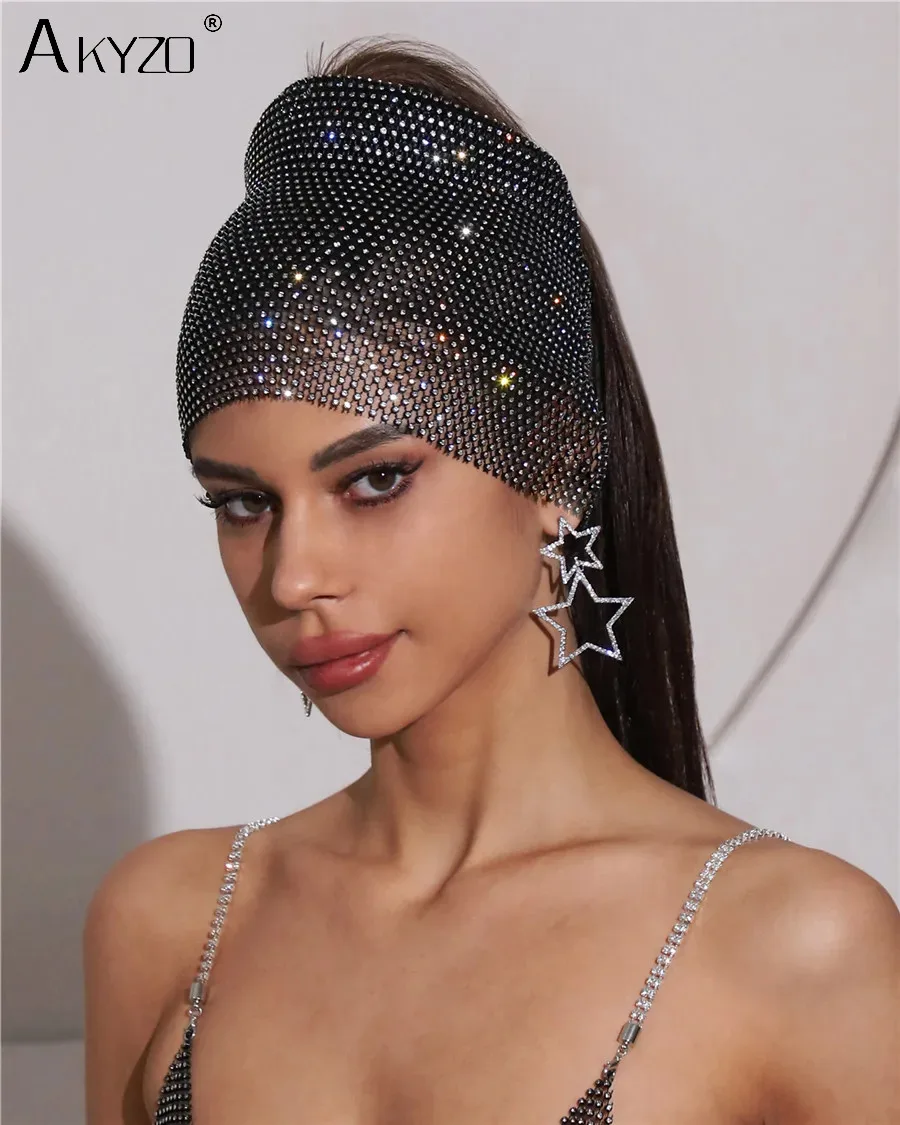 Elastic Fishnet Shiny Rhinestone Cold Hat Women Sexy Hollow Out See Through Mesh Ear Protection Hat Party Decorative Accessories