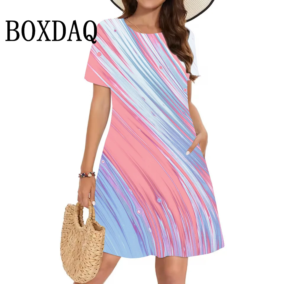 Summer Women Clothing Loose Short-Sleeved A-Line Dress Classy Fashion Gradient 3D Printing Pockets Casual O-Neck Dresses Street