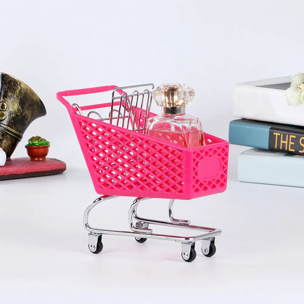 

2Pcs Mini Shopping Cart Storage Basket Sturdy Plastic Metal Build Desktop Gadget Organizer Exquisite Desk Decor Basket
