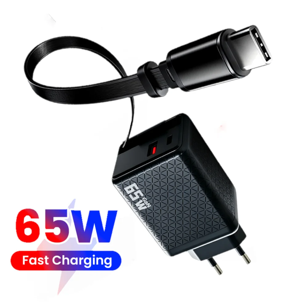 

Зарядное устройство USB Type-C 65 Вт для телефона с супербыстрой зарядкой и выдвижным кабелем USB-C для iPhone 17, 16, 15, Samsung, POCO, Xiaomi